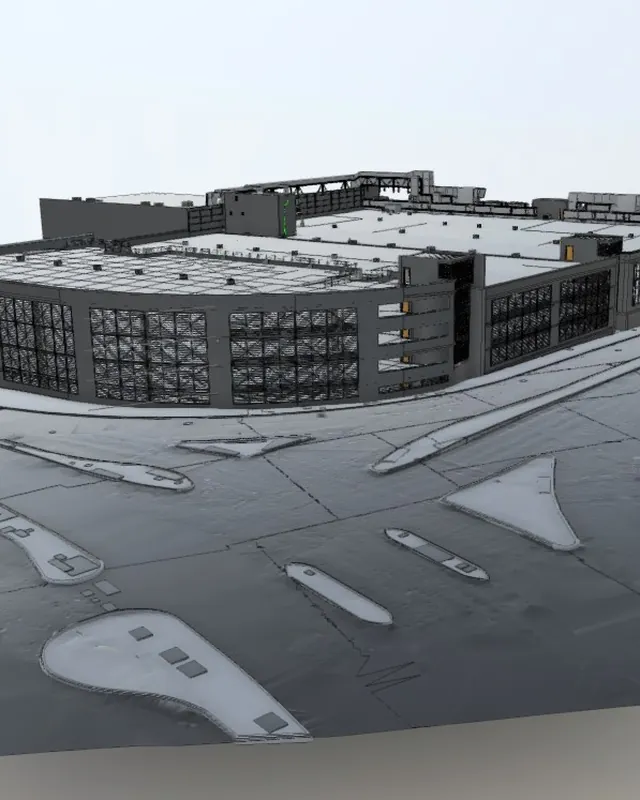 Registered survey model of a building sitting on its georeferenced site surface