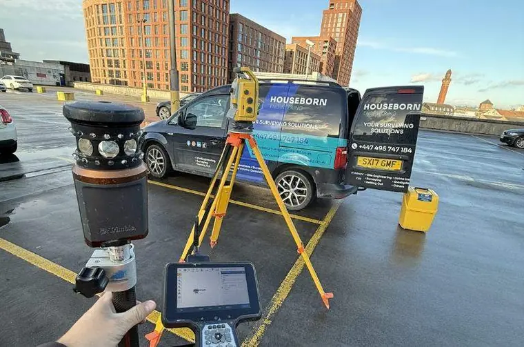 Survey equipment set up on a multi storey car park deck